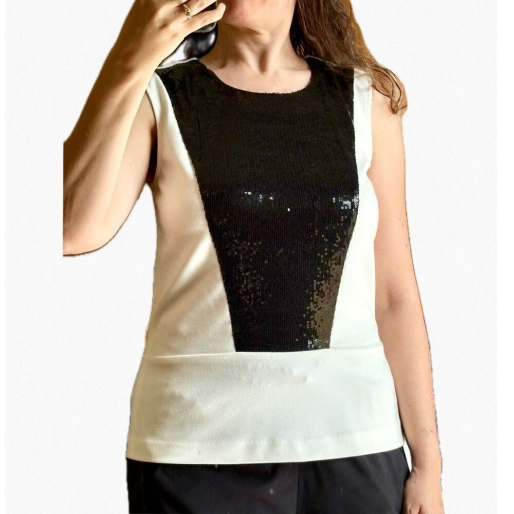 Calvin Klein Sequin Peplum Top White Black Colorblock Sleeveless Holiday Shine S - Picture 7 of 7